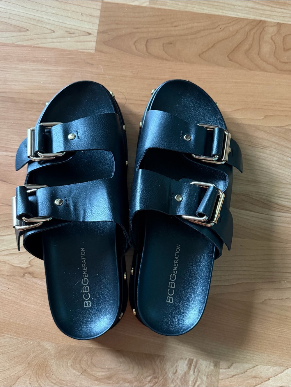 BCBGeneration Double-Buckle Slide Sandals with Gold Hardware , size 7.5 - Picture 1 of 3